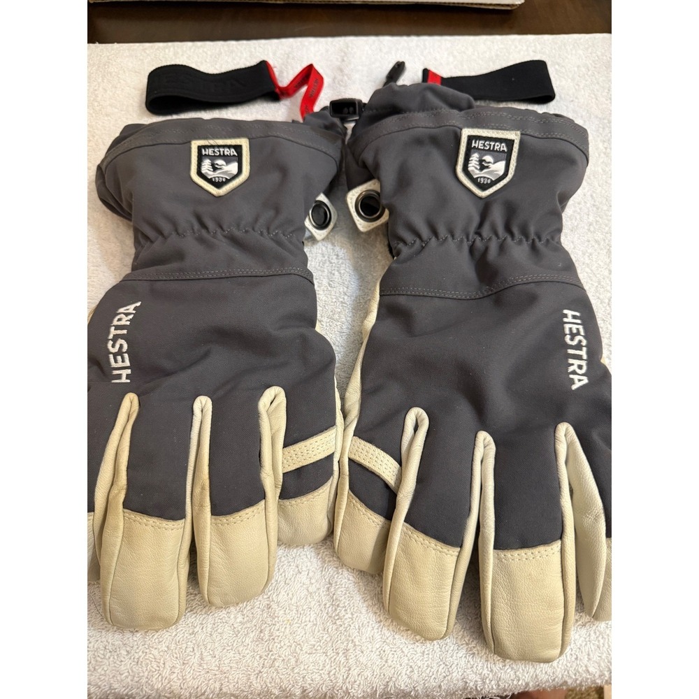 Hestra Army Leather Heli Ski Gloves Charcoal Grey Cream Size 11 G-Loft Insulated